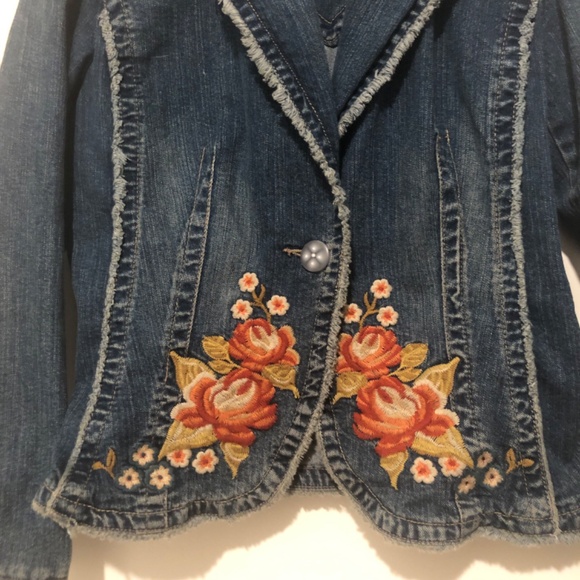 Floral Embroidered Denim Jean Jacket Bohemian Colorful Y2K Kikit Jeans sz Large - Picture 4 of 10
